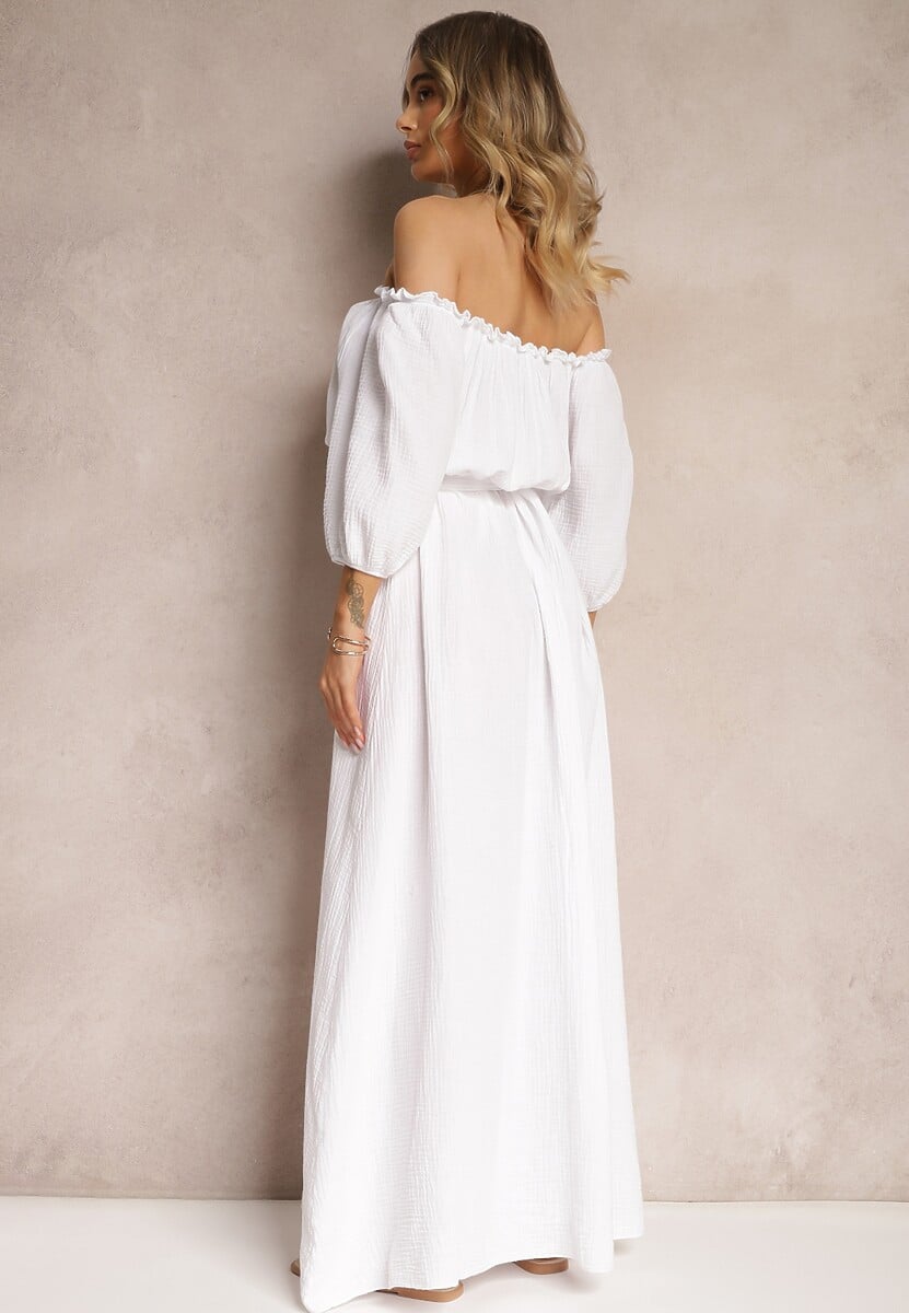 Biała Bawełniana Sukienka z Muślinu Wiązana przy Dekolcie z Paskiem i Gumką w Talii Tasda