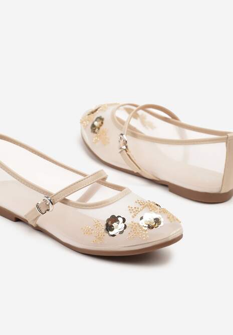 Beżowe Balerinki Transparentne w Stylu Mary Jane z Kwiatowymi Zdobieniami Nelritia