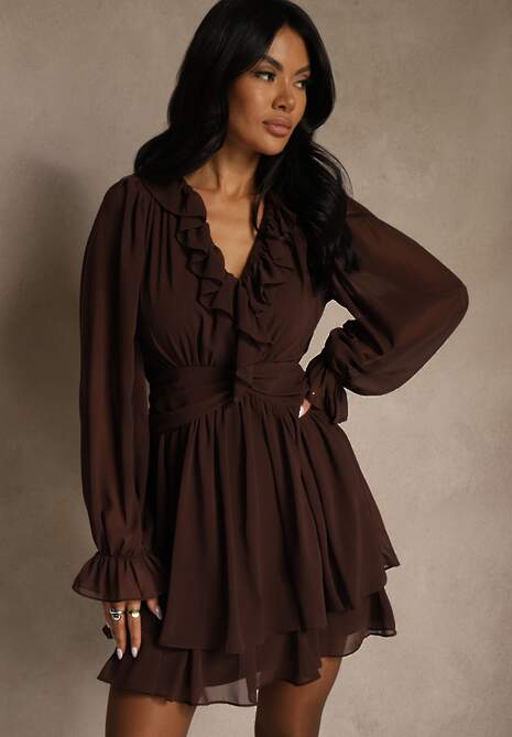 Ciemnobrązowa Siateczkowa Sukienka o Rozkloszowanym Fasonie z Falbankami Zenniria