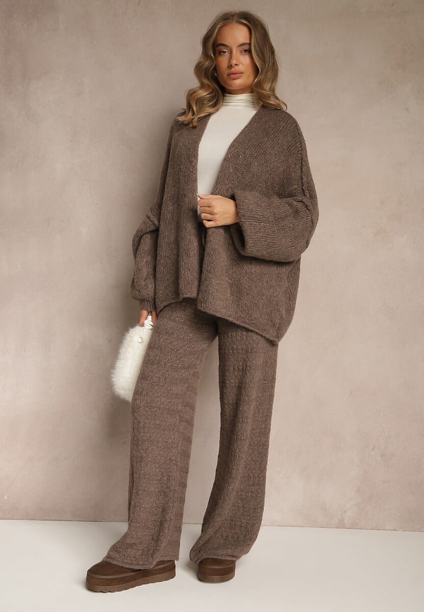 Jasnobrązowy Niezapinany Kardigan Nietoperzowy z Dodatkiem Wełny i Wiskozy Rallidia