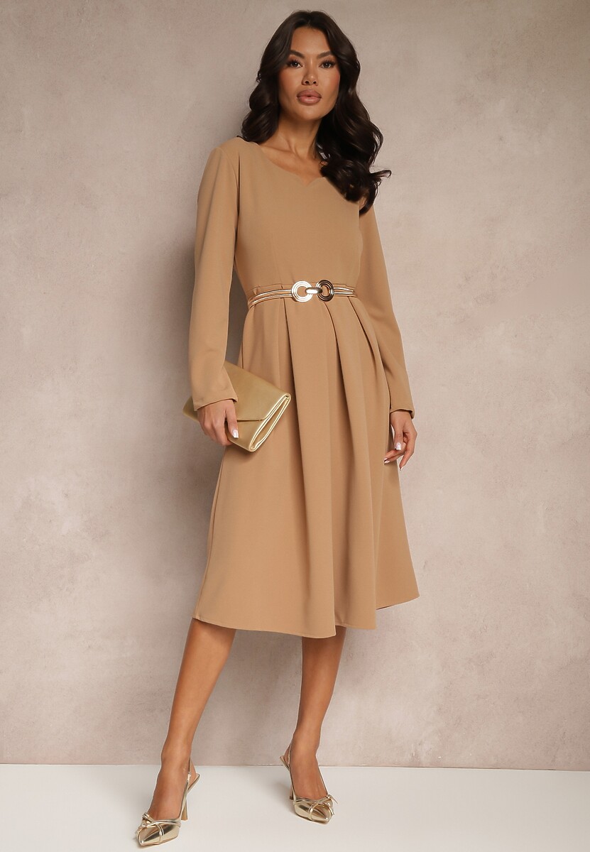 Beżowa Sukienka o Rozkloszowanym Kroju z Trójkątnym Dekoltem Temivara