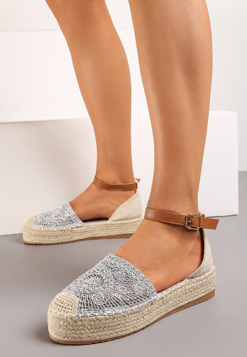 Srebrne Ażurowe Espadryle na Niskiej Platformie Plecionej z Zapięciem wokół Kostki Piervia