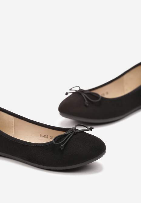Czarne Balerinki z Imitacji Zamszu i Ozdobną Kokardką Ammanne