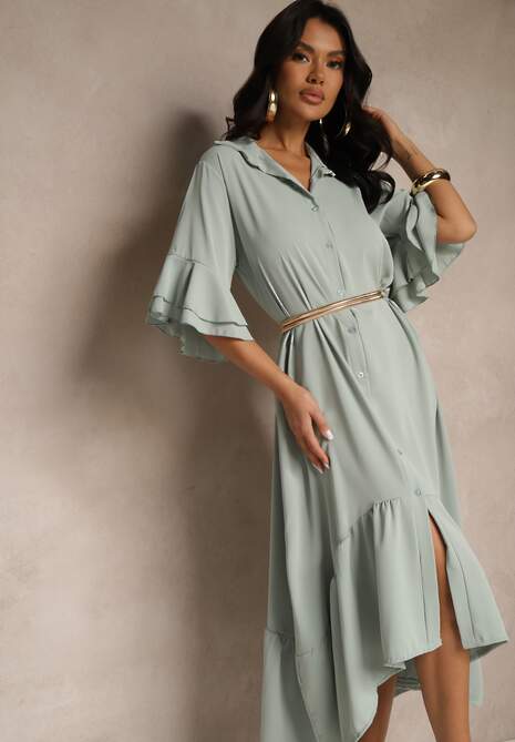 Jasnozielona Koszulowa Sukienka Ozdobiona Falbanką Ransara