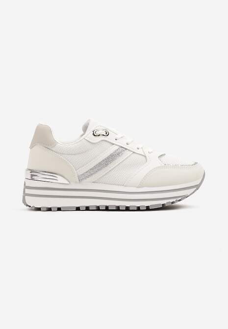 Białe Sneakersy na Niskiej Platformie z Brokatem i Metaliczną Wstawką Fennena