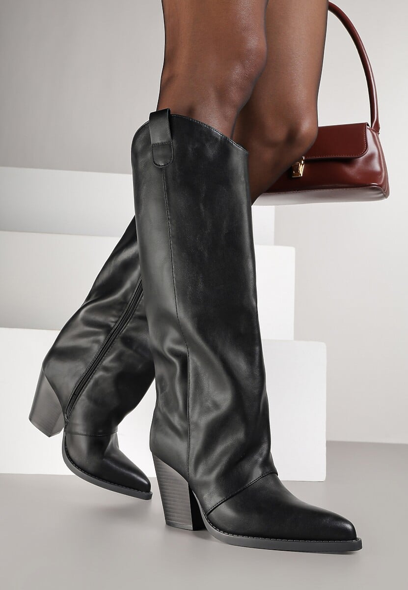 Czarne Kozaki w Stylu Kowbojek z Prostą Cholewką na Stożku Afarrive