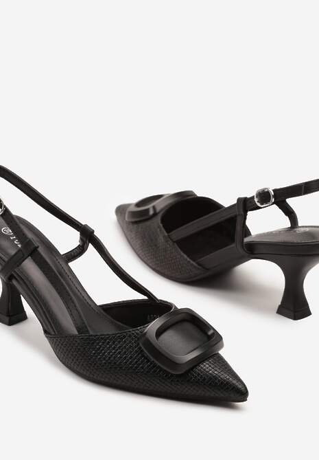 Czarne Sandały Tweedowe na Kaczuszce Slingback Ozdobione Aplikacją Rosaviela