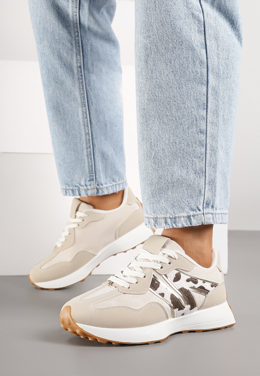 Beżowo-Brązowe Sneakersy Ozdobione Geometrycznym Motywem w Krowie Łaty Rilameia