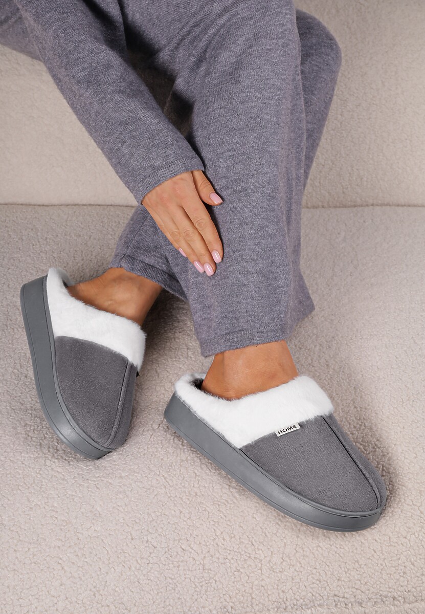 Szare Klasyczne Kapcie Vices z Ozdobnym Futrem Eleahilde