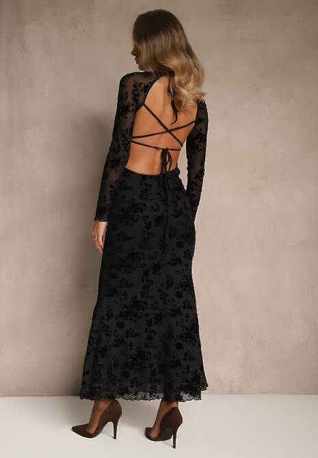 Czarna Sukienka VICES Bodycon z Siateczki Ozdobionej Wzorem w Kwiaty Rivita