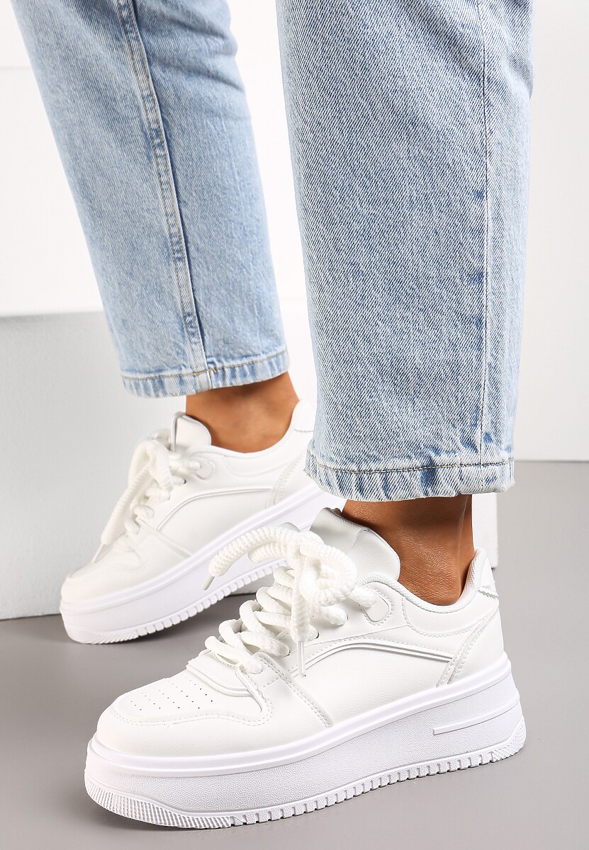 Białe Sneakersy z Cholewką z Licznymi Wstawkami na Grubej Podeszwie Lenarise