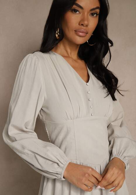 Beżowa Gorsetowa Sukienka z Wiskozą z Guzikami i Bufiastymi Rękawami Ahlite