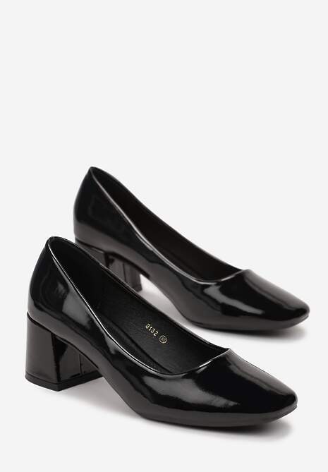 Czarne Lakierowane Czółenka na Niskim Słupku Nadiame