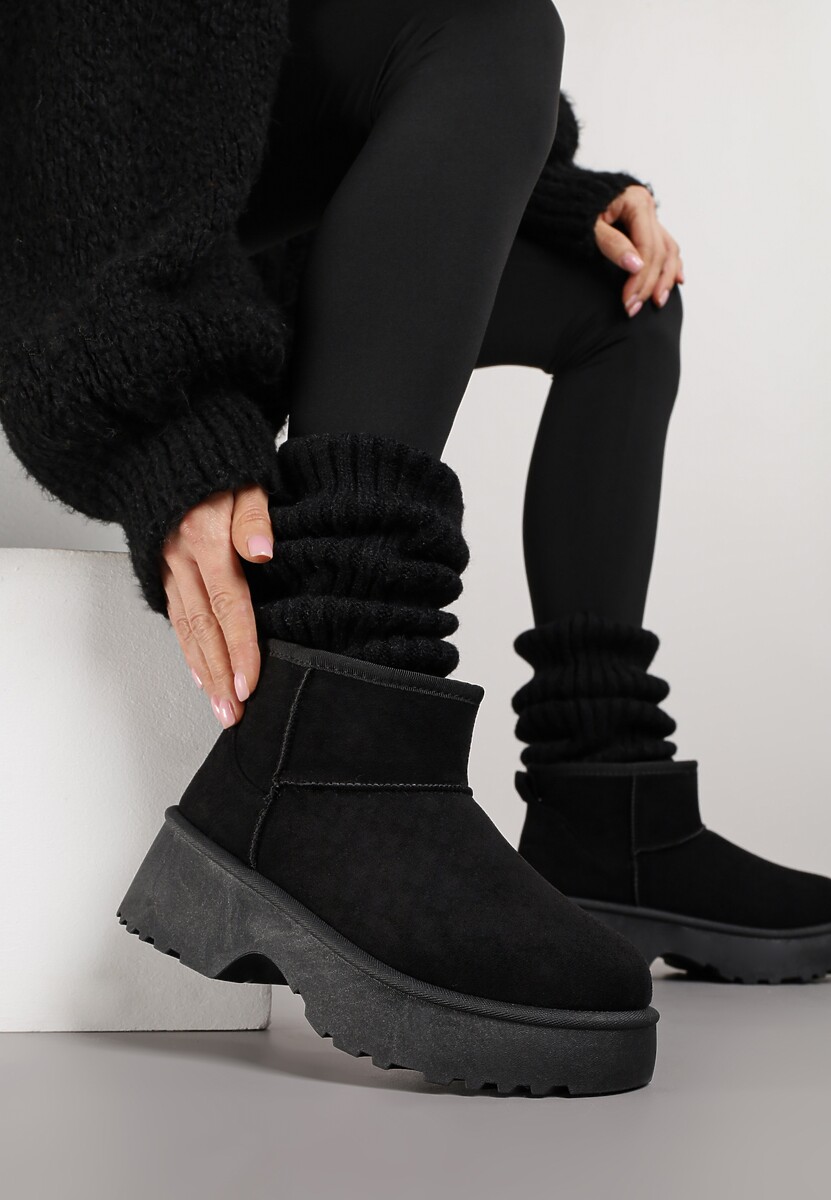 Czarne Śniegowce z Imitacji Zamszu o Wsuwanym Fasonie na Platformie Reilessa