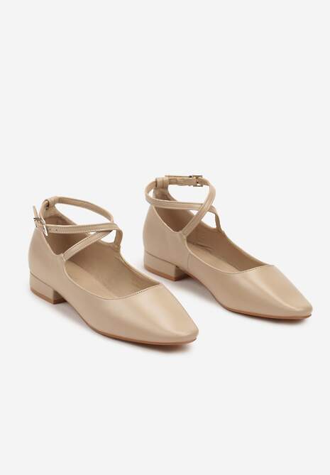 Ciemnobeżowe Czółenka na Płaskiej Podeszwie Wykończone Zapięciem Wokół Kostki Gravivia