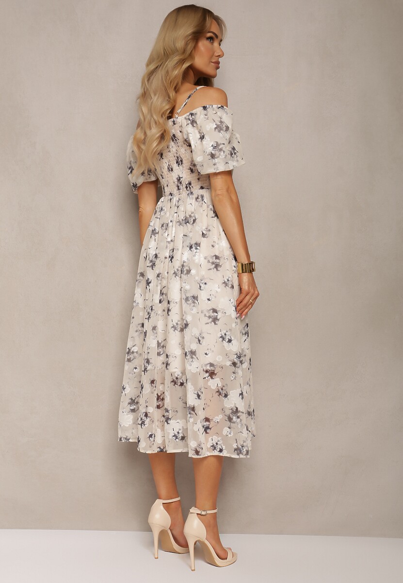 Beżowo-Szara Sukienka w Kwiecisty Wzór z Bufkami w Ramionach i Hiszpańskim Dekoltem Nibbia