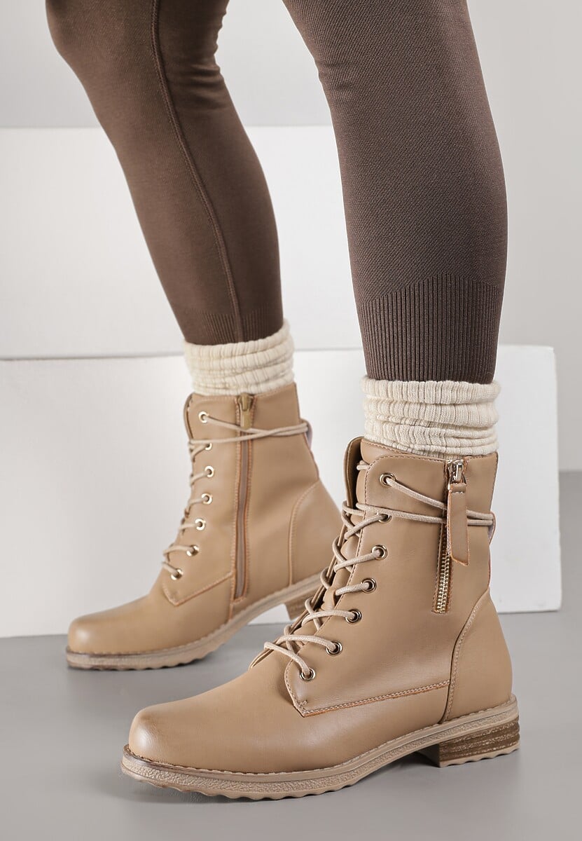 Beżowe Sznurowane Botki Workery na Płaskiej Podeszwie Ozdobione Suwakiem Tarinda
