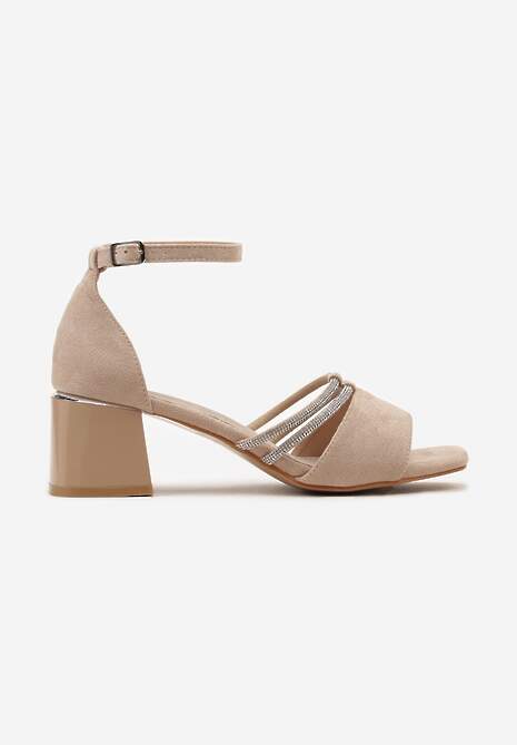 Beżowe Sandały ze Sprzączką i Skórzaną Wkładką na Słupku Ozdobione Cyrkoniami Atrive