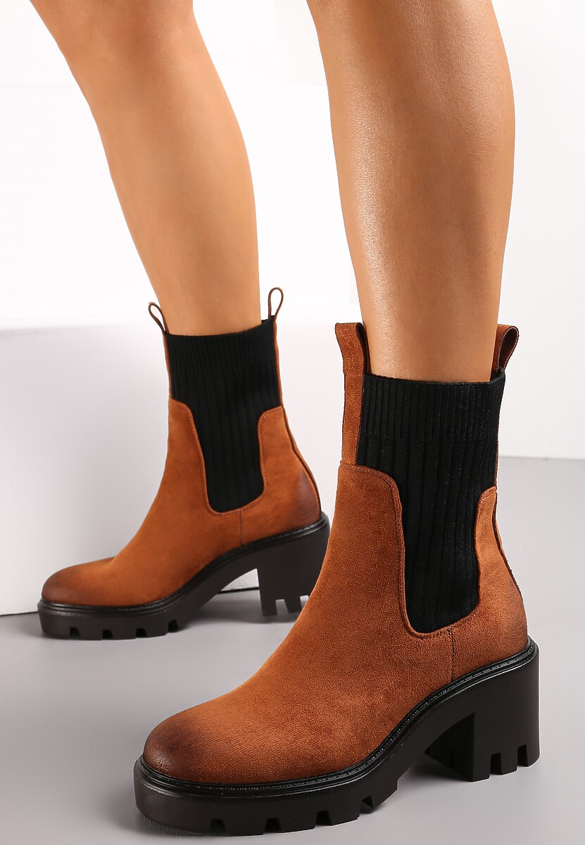 Brązowe Botki na Słupku z Protektorem i Elastyczną Cholewką Nemlle