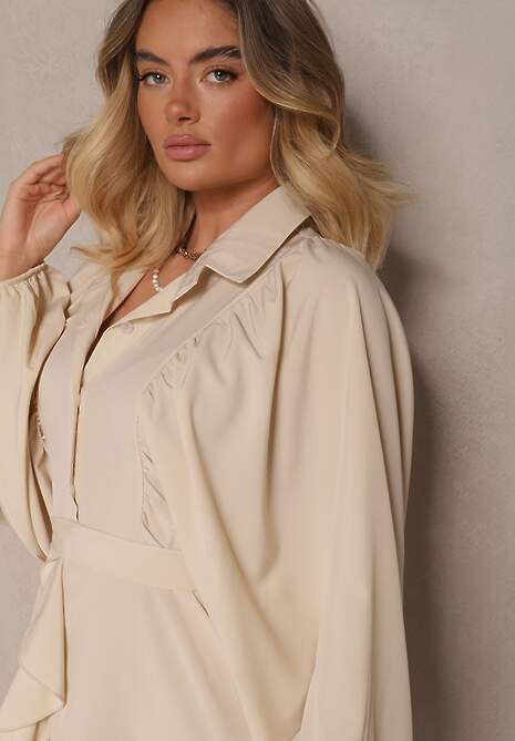 Beżowa Rozkloszowana Sukienka z Falbanami i Paskiem Divanessa