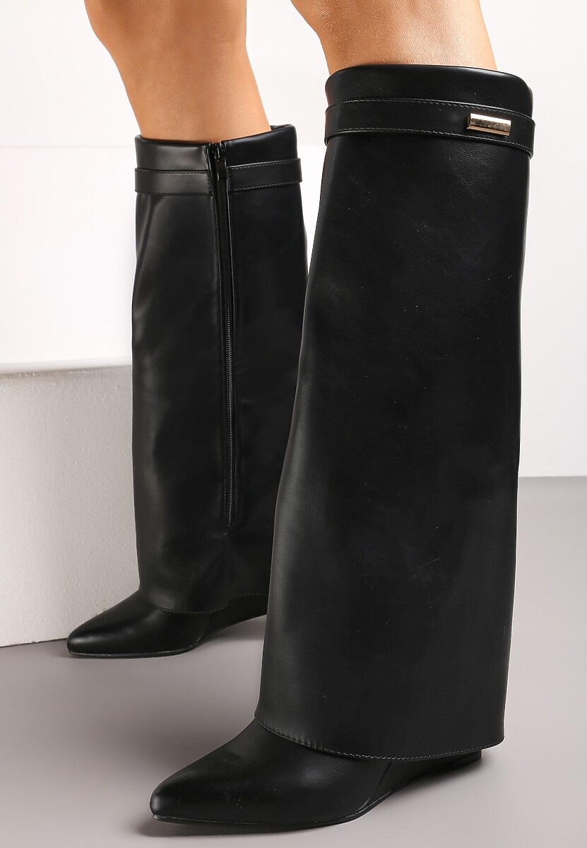 Czarne Wysokie Kozaki z Wywiniętą Cholewką na Koturnie Mistico