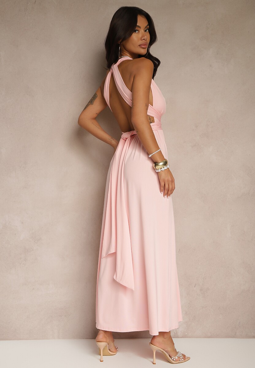 Różowa Sukienka Koktajlowa Multiway z Wiskozą Wiązana na Szyi Lilovea