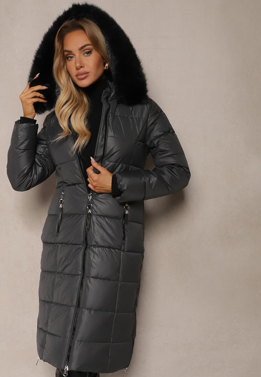 Szara Pikowana Kurtka o Długim Kroju z Odpinanym Kołnierzem z Futerka Neathora