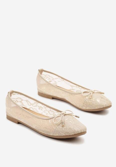 Beżowe Balerinki z Koronkową Cholewką i Kokardą Ulidisa