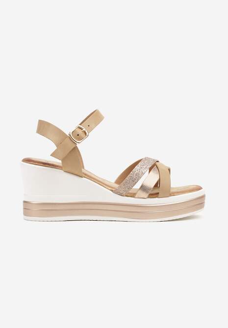 Szampańskie Casualowe Sandały na Ozdobnym Koturnie z Brokatem Effiola