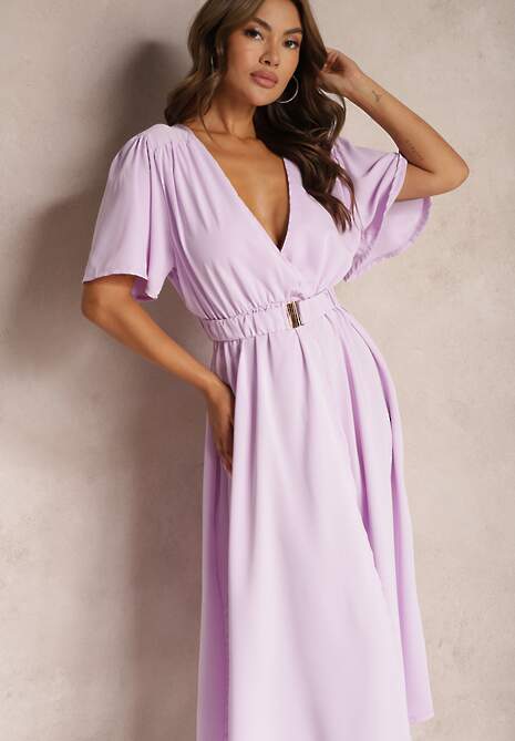 Jasnofioletowa Rozkloszowana Sukienka z Kopertowym Dekoltem z Bawełną Gumką w Pasie i Paskiem Isvia