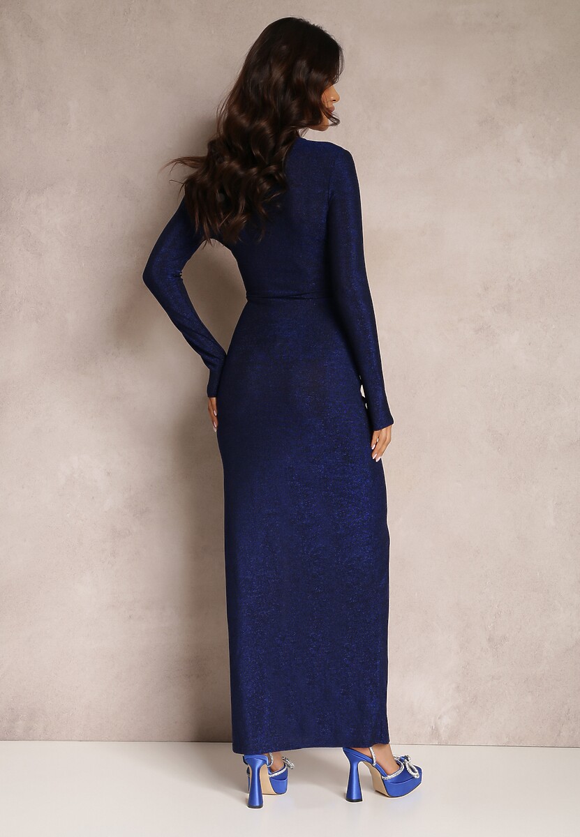 Granatowa Sukienka z Kopertowym Dekoltem Błyszcząca z Marszczeniem Umoria