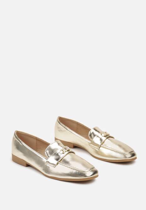 Złote Mokasyny na Płaskiej Podeszwie Ozdobione Cyrkoniami Nevthany