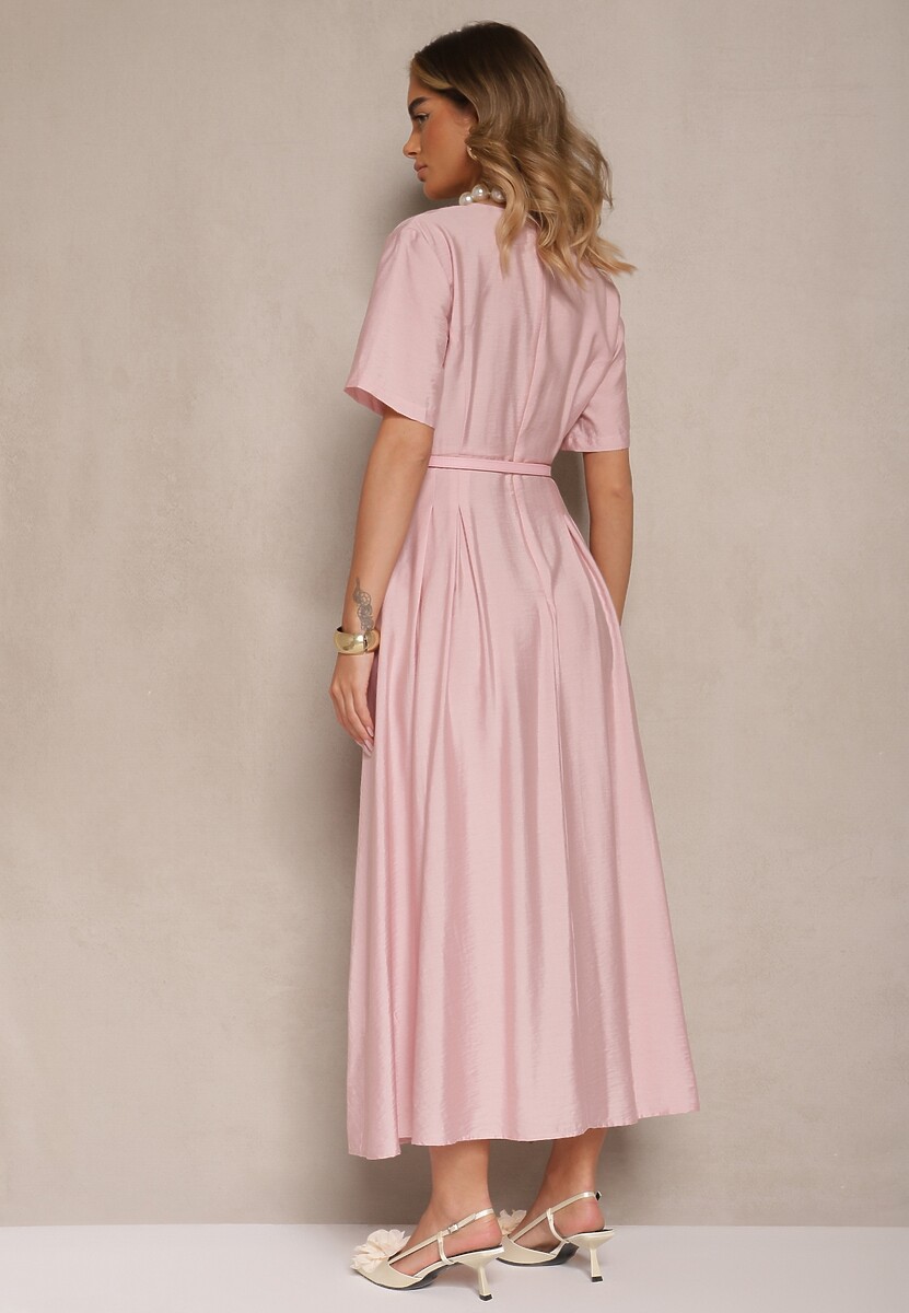 Różowa Rozkloszowana Sukienka z Lnu i Wiskozy z Paskiem ze Sprzączką Linoretia