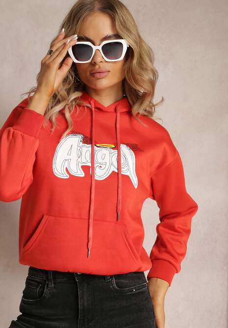 Pomarańczowa Ocieplona Bluza Kangurka z Nadrukiem Pralle