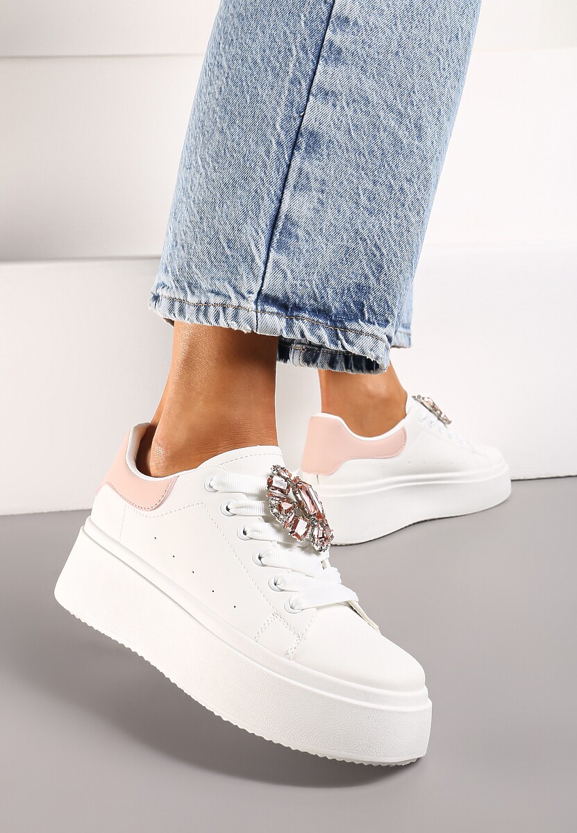 Biało-Różowe Sneakersy na Grubej Podeszwie z Ozdobną Aplikacją Kamienia  Danthia