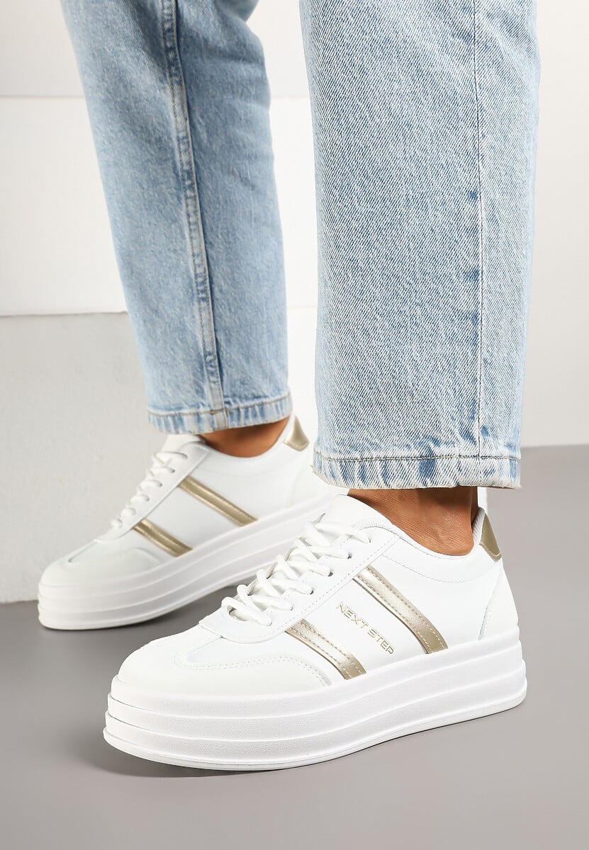 Biało-Złote Sneakersy w Stylu Kultowych Tenisówek na Grubej Podeszwie Agerla