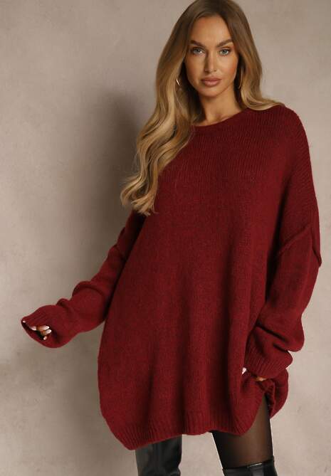 Bordowy Sweter Oversize z Wełną i Wiskozą Fedolina