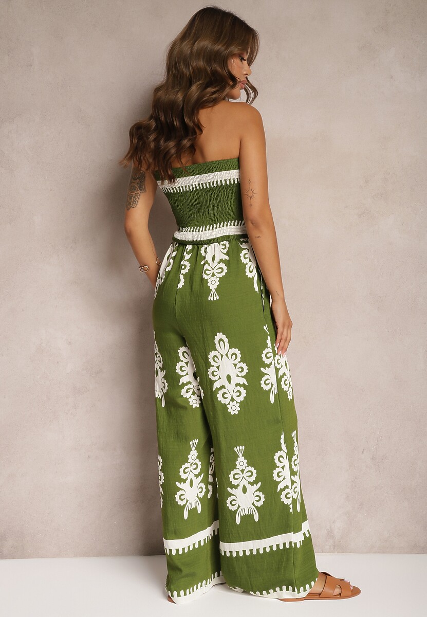 Zielony Taliowany Kombinezon z Wiskozy Ozdobiony Geometrycznym Motywem Perceria