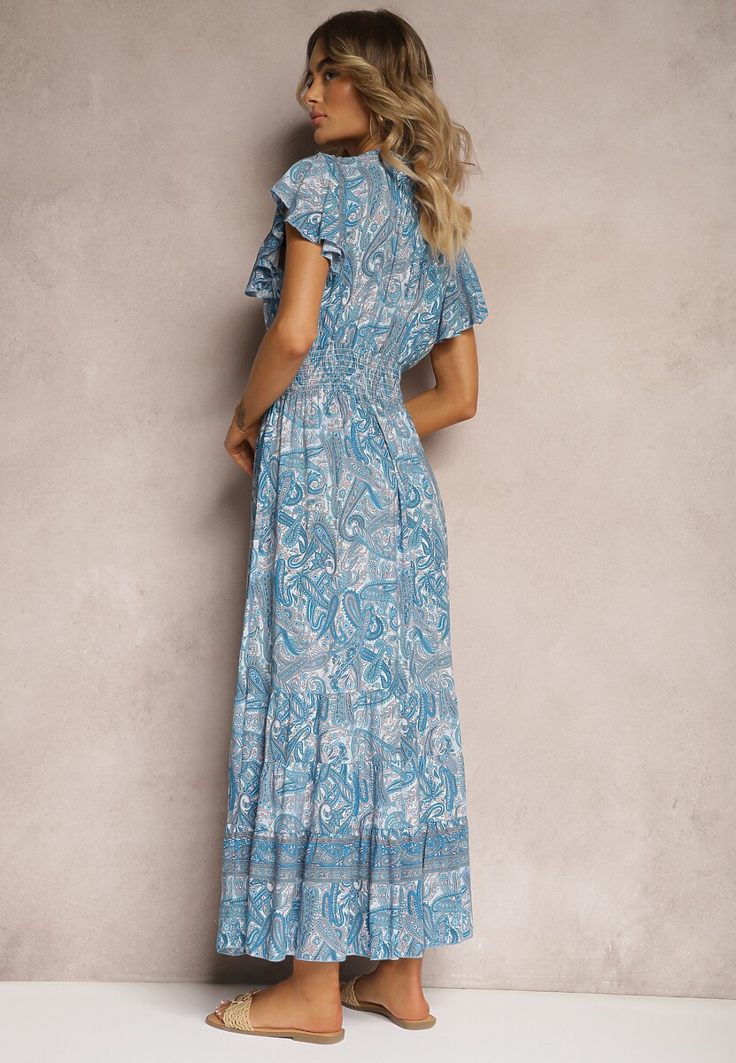 Niebieska Bawełniana Sukienka Paisley z Kopertowym Dekoltem z Falbaną i Gumką w Talii Brionea