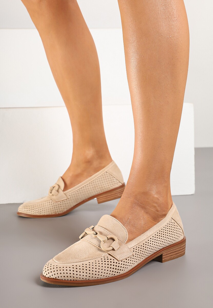 Beżowe Mokasyny Vices z Perforacją z Wkładką ze Skóry Naturalnej Felithria