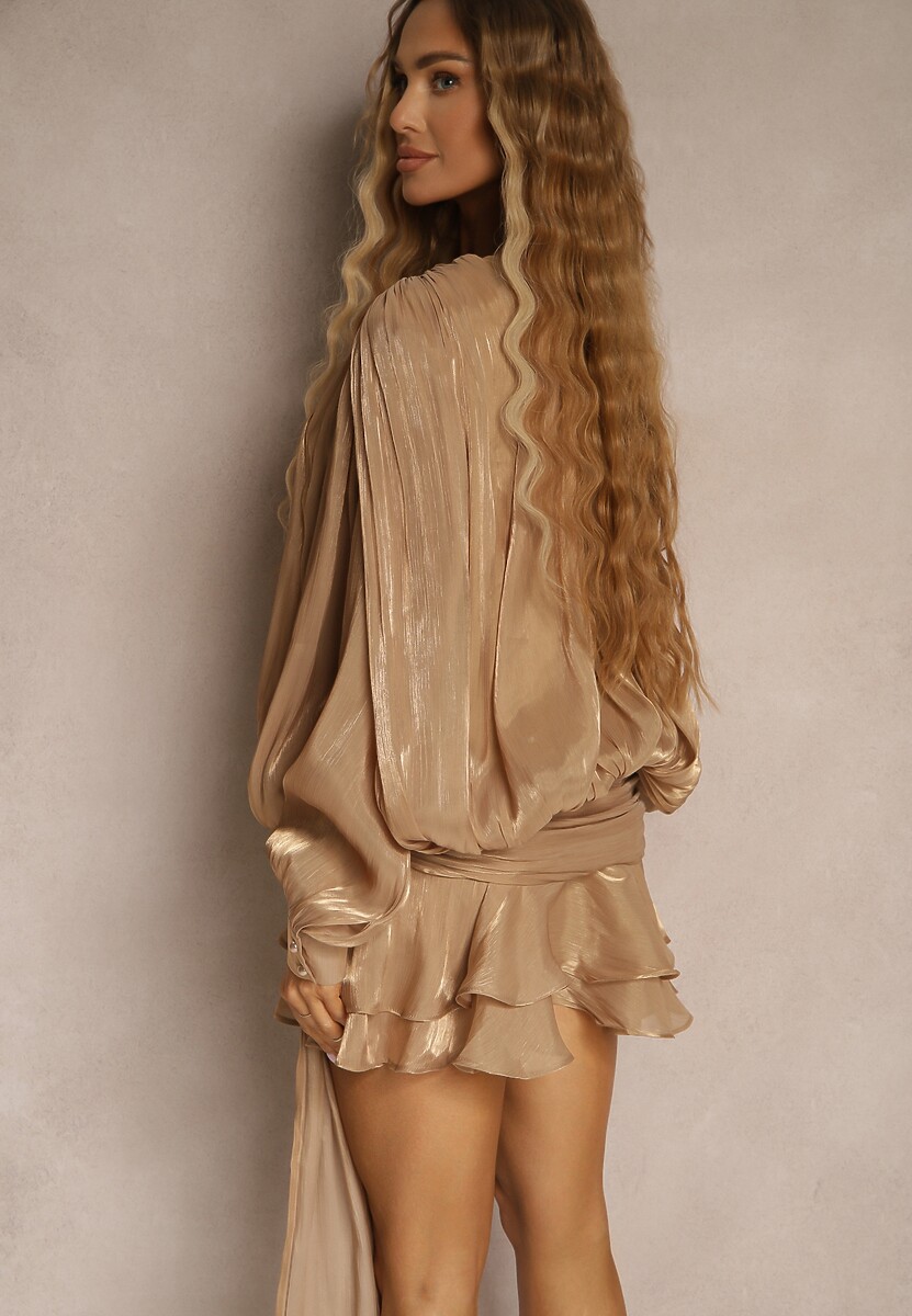 Brązowa Bufiasta Sukienka Zdobiona Trenem i Wiązaniem z Falbanami Lunoriela