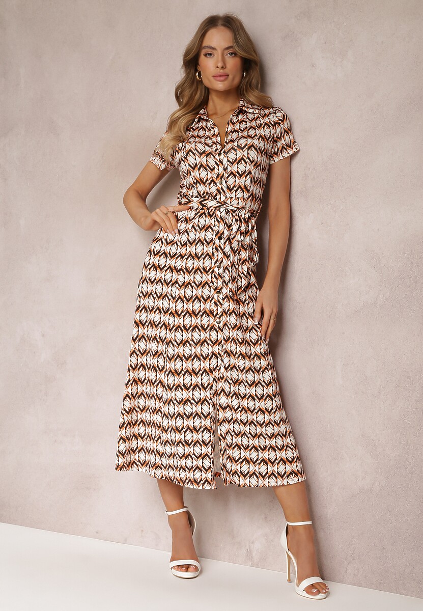 Beżowo-Bordowa Sukienka Mamci Koszulowa Wiązana w Pasie Maevana