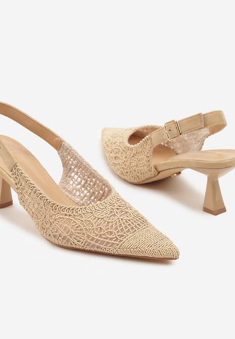 Ciemnobeżowe Haftowane Sandały Vices na Szpilce Typu Slingback Atesia