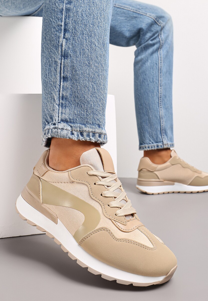 Ciemnobeżowe Sznurowane Sneakersy na Płaskiej Grubej Podeszwie z Przeszyciami Higvale