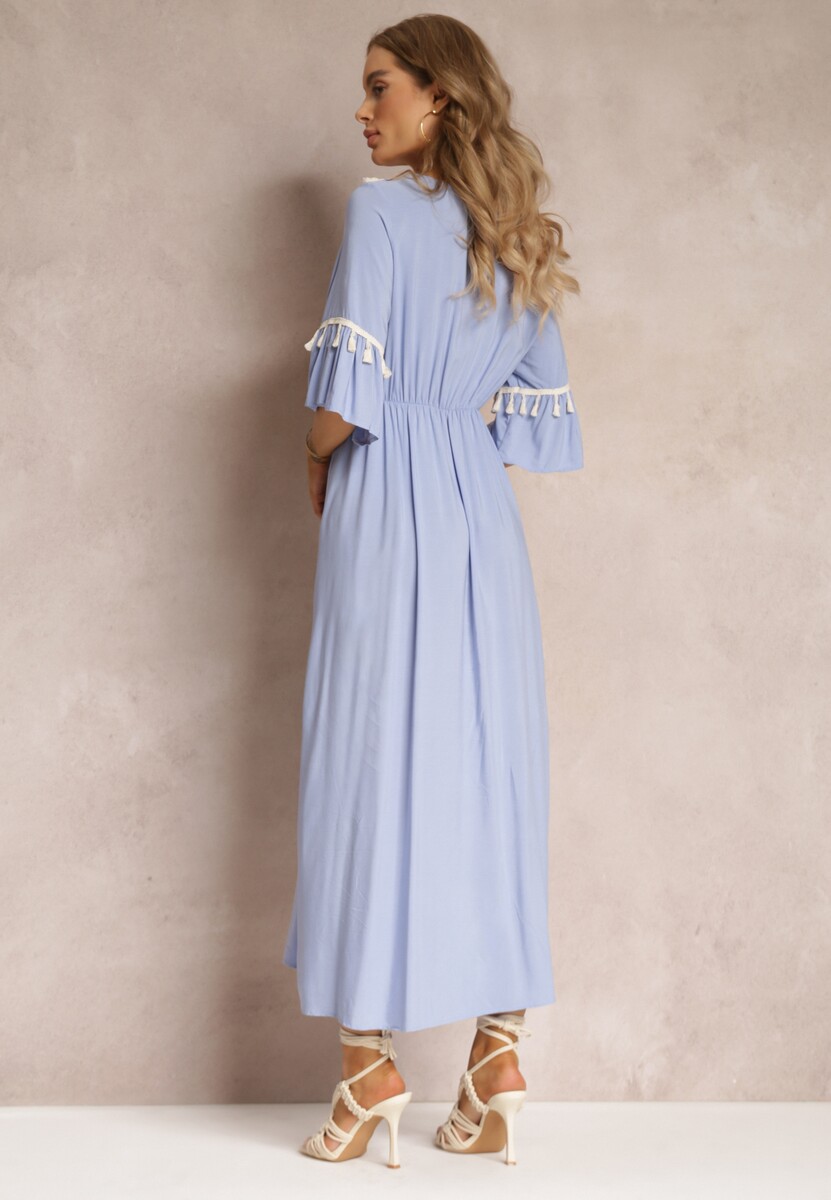 Niebieska Sukienka Maxi z Gumką w Talii z Ozdobnymi Chwostami z Wiskozy Zisel