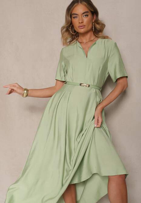 Zielona Rozkloszowana Sukienka z Lnu i Wiskozy z Paskiem ze Sprzączką Linoretia