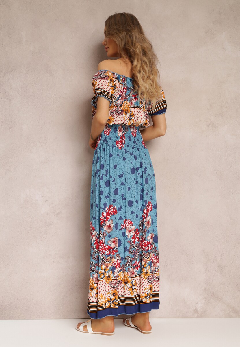 Niebieska Bawełniana Sukienka z Gumkami w Pasie i Hiszpańskim Dekoltem Laenianna