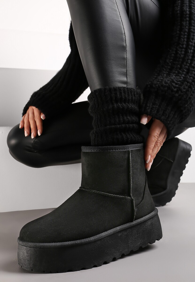 Czarne Śniegowce za Kostkę na Platformie Ocieplane Futerkiem Divena