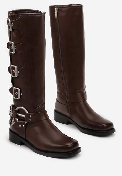 Brązowe Kozaki Biker z Ozdobnymi Klamerkami i Kwadratowym Noskiem Vivao