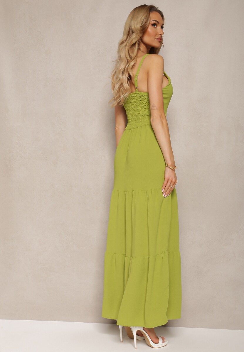 Zielona Sukienka na Ramiączkach z Regulacją z Gumką w Talii i Falbanką Faviara